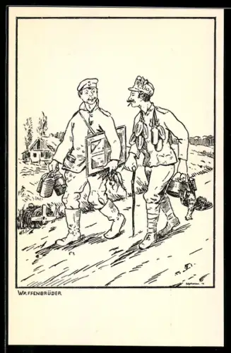 Künstler-AK sign. Schellmann: Waffenbrüder, Soldaten in Uniform auf einem Landweg