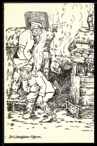 Künstler-AK sign. Schellmann: Die Liebesgaben-Cigarre, Soldaten bei einem brennenden Haus