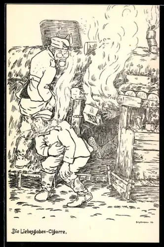 Künstler-AK sign. Schellmann: Die Liebesgaben-Cigarre, Soldaten bei einem brennenden Haus