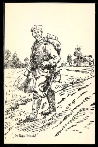 Künstler-AK sign. Schellmann: 14 Tage Urlaub, Soldat mit Gepäck auf dem Landweg