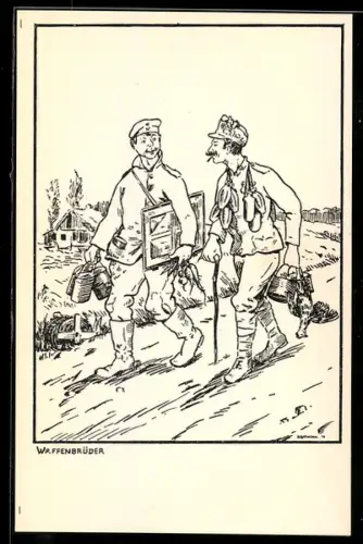Künstler-AK sign. Schellmann: Waffenbrüder, Soldaten mit Gepäck auf dem Landweg