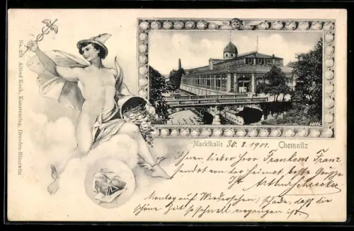 AK Chemnitz, Markthalle mit Brücke, Figur mit Münzen-Füllhorn
