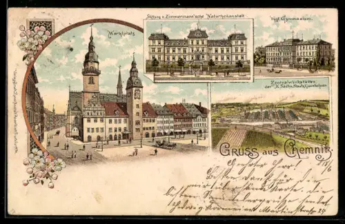 Lithographie Chemnitz, Marktplatz, v. Zimmermannsche Naturheilanstalt, Zentralwerkstatt d. Staats-Eisenbahnen