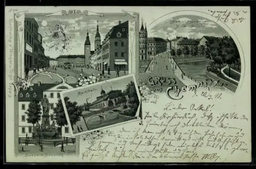 Mondschein-Lithographie Chemnitz, Markthalle, Nicolaibrücke, Saxoniabrunnen