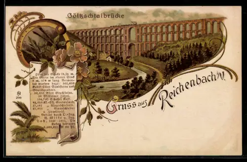 Lithographie Reichenbach i. Vogtl., Göltzschtalbrücke, Rose, Gedicht
