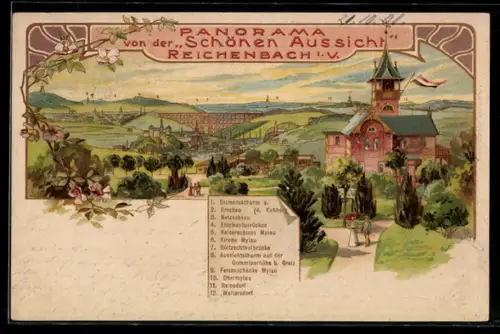 Lithographie Reichenbach i. V., Panorama von der Schönen Aussicht, Bismarckturm, Netzschkau