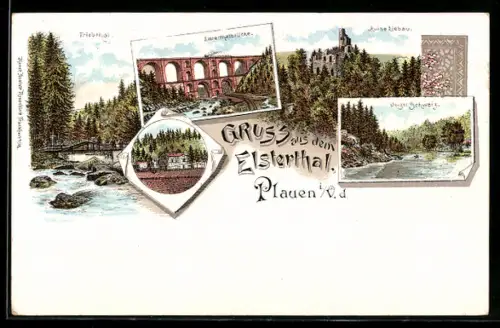 Lithographie Plauen i. V., Elstertalbrücke, Ruine Liebau, Triebthal