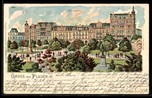 Lithographie Plauen i. V., Albertplatz, Parkanlage, historische Gebäude, Denkmäler