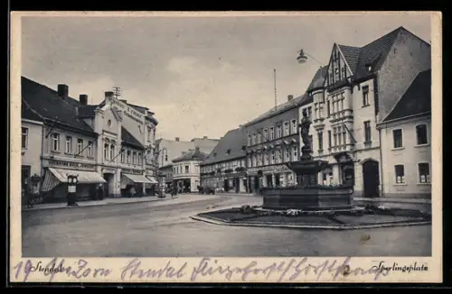 AK Stendal, Strasse am Sperlingsplatz, Brunnen, Geschäfte, Tanksäule