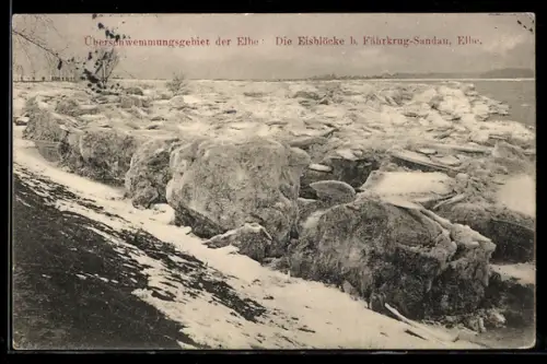AK Fährkrug-Sandau /Elbe, Überschwemmungsgebiet, Eisblöcke