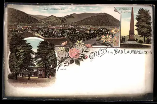 Lithographie Bad Lauterberg, Gesamtansicht, Ritscher-Denkmal, Kur Quelle