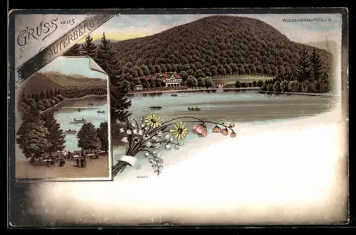 Lithographie Lauterberg /Harz, Wiesenbeekerteich mit Gebäude, Ruderboote