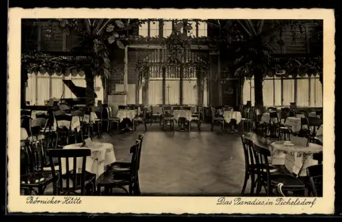 AK Berlin-Spandau-Pichelsdorf, Gaststätte Börnicker Hütte, Innenansicht mit Konzertflügel, Inh. Karl Szwed