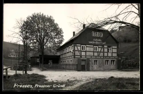 AK Prossen, Gaststätte zum Prossener Gründl, Panorama mit Berg