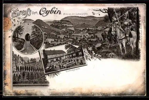 Lithographie Oybin, Blick von der Ludwigshöhe, Tunnel, Gesellschaftsplatz, Hausgrund