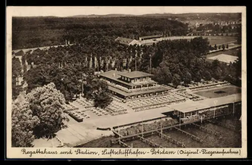 AK Potsdam, Luftschiffhafen, Gaststätte Regattahaus O. Haupt und Stadion, Fliegeraufnahme
