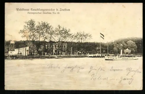 AK Zeuthen /Mark, Waldhaus Rauchfangswerder, Dampferanleger, Fahne