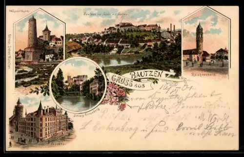 Lithographie Bautzen, Kaserne, Ortsansicht, Wasserturm, Reichenturm