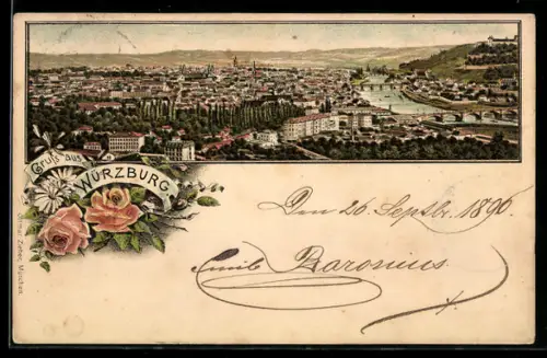 Lithographie Würzburg, Panorama der Stadt und Mainbrücke