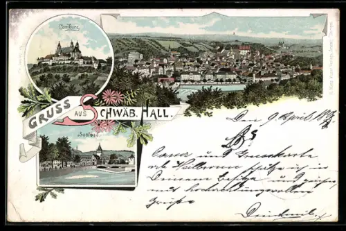 Lithographie Schwäbisch Hall, Gesamtansicht, Comburg, Solbad