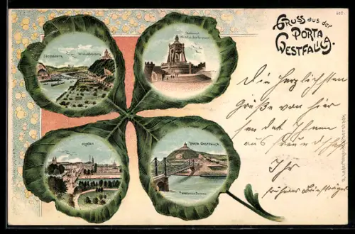 Passepartout-Lithographie Porta Westfalica, Kaiser Wilhelm-Denkmal, Jacobs- u. Wittekindsberg, Ortsansicht Minden