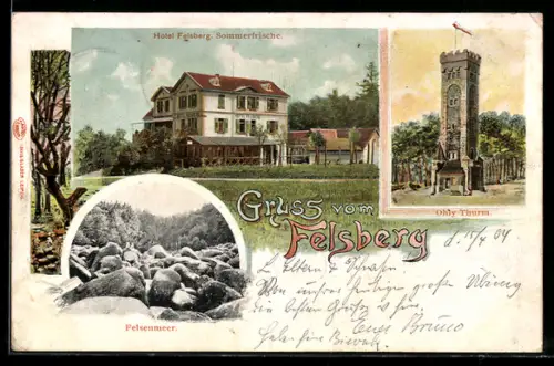 Lithographie Felsberg, Hotel Felsberg, Ohly-Turm, Felsenmeer