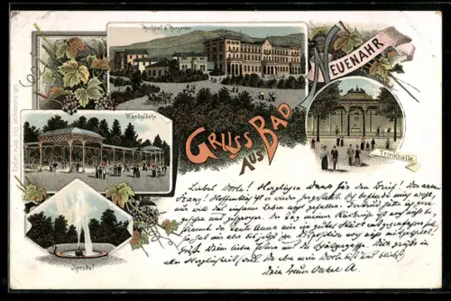 Lithographie Bad Neuenahr, Kurhotel & Kurgarten, Wandebahn, Trinkhalle, Springbrunnen