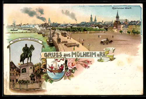 Lithographie Mülheim a. Rh., Mülheimer Werft mit Stadtpanorama, Kaiser-Wilhelm-Denkmal, Wappen