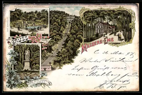 Lithographie Malberg /Ems, Schwanenweiher, Malbergbahn, Hotel auf dem Hohen Malberg, Kaiser Wilhelm-Denkmal