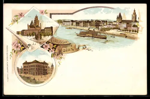 Lithographie Mainz, Dom, Rheinufer mit Stadtansicht, Theater