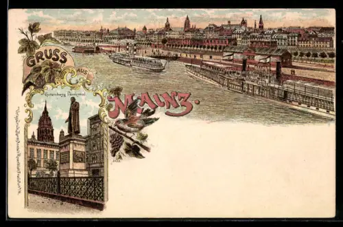 Lithographie Mainz, Rheinansicht mit Dampfern, Gutenberg-Denkmal