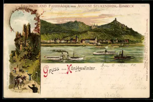 Lithographie Königswinter, Drachenfels, Rheinpanorama, Dampfschiffe, Reklame Stukenbrok-Fahrräder