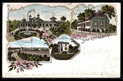 Lithographie Bad Königsborn, Kaffeehaus auf dem alten Brunnen, Badehaus, Parkhaus, Gradierwerk