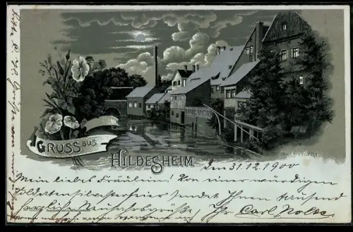 Mondschein-Lithographie Hildesheim, Flusspartie mit Häusern und Brücke bei Nacht, silberner Mond