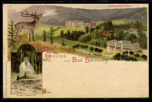 Lithographie Bad Harzburg, Harzburger Hof u. Kurhaus, Radau-Wasserfall