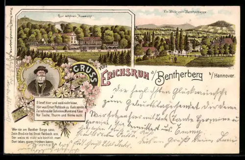 Lithographie Erichsruh a. Bentherberg, Gasthaus zur schönen Aussicht, Blick vom Bentherberge, Portrait Vater Rehbock