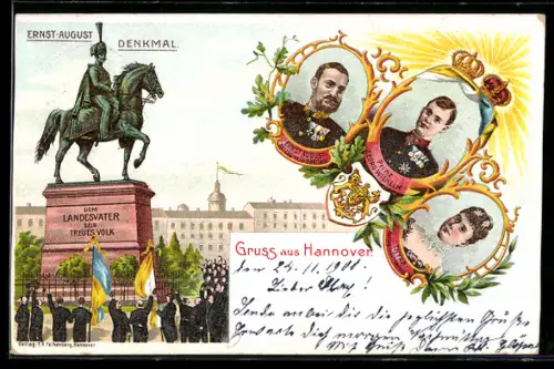Lithographie Hannover, Ernst-August-Denkmal, Portraits Herzog Ernst August, Prinz Georg Wilhelm, Herzogin Thyra