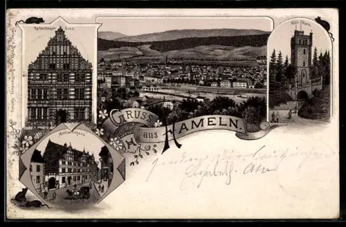 Lithographie Hameln, Rattenfängerhaus, Hochzeitshaus, Klüt-Turm, Ortsansicht