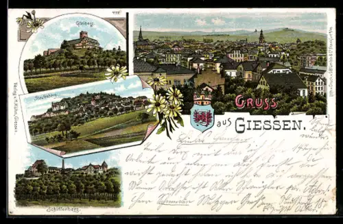 Lithographie Giessen, Gesamtansicht, Gleiberg, Staufenberg, Schiffenberg, Wappen