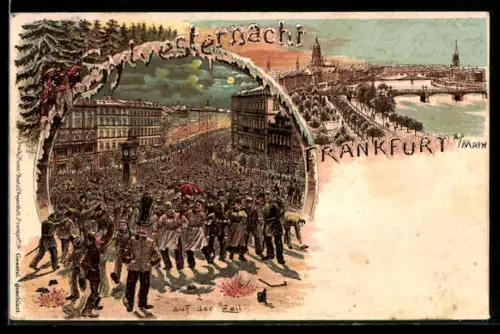 Lithographie Frankfurt am Main, Silvesternacht auf der Zeil, Mainufer mit Brücke und Dom, Eiszapfen-Rahmen