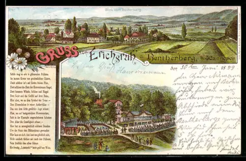Lithographie Erichsruh /Bentherberg, Blick vom Bentherberg, Ausflugslokal mit Garten, Gedicht
