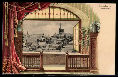 Passepartout-Lithographie Düsseldorf, Rheinbrücke, Burgfenster-Rahmen
