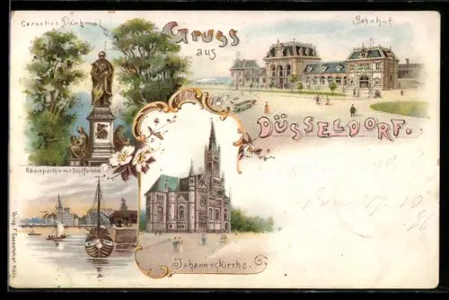 Lithographie Düsseldorf, Cornelius-Denkmal, Bahnhof, Johanneskirche, Rheinpartie mit Schiffsbrücke
