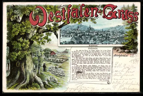 Lithographie Bielefeld, Ortsansicht und Schäferszene, Westfalenlied u. -Gruss