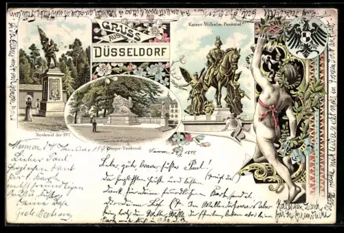 Lithographie Düsseldorf, Denkmal der 39er, Kaiser-Wilhelm-Denkmal, Krieger-Denkmal, Figur mit Siegeskranz, Wappen