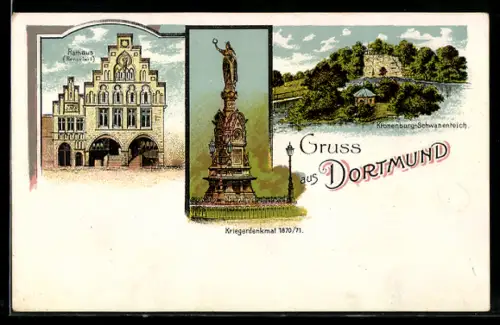 Lithographie Dortmund, Rathaus, Kriegerdenkmal 1870/71, Kronenburg-Schwanenteich