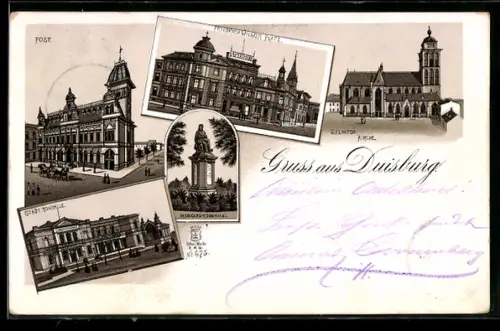 Lithographie Duisburg, Post, Städt. Tonhalle, Mercator-Denkmal, Salvator-Kirche