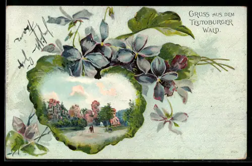 Passepartout-Lithographie Externsteine /Teutoburger Wald, Ortsansicht mit Wanderern, Veilchen-Rahmen