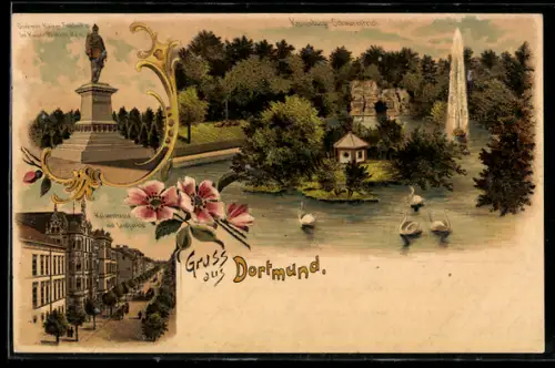 Lithographie Dortmund, Kaiserdenkmal Friedrich III., Kaiserstrasse mit Landgericht, Kronenburg Schwanenteich