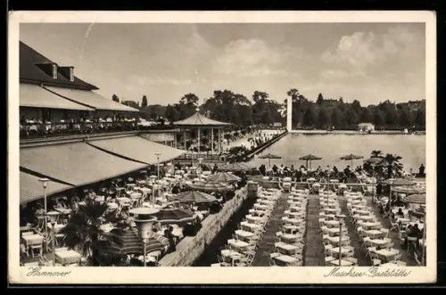 AK Hannover, Maschsee-Gaststätte mit Blick auf den See